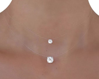 Collana Solitario Invisibile (4 griffe) in Cristallo Swarovski 6mm o 8mm - Stile filo di Nylon Trasparente - Acciaio - Ras de cou Mariage Her