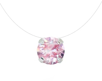 Collier invisible - Grand Cristal Swarovski - Pendentif Rose - Argent 925 - Solitaire - Fil de Nylon/Pêche transparent - Ras de cou Mariage