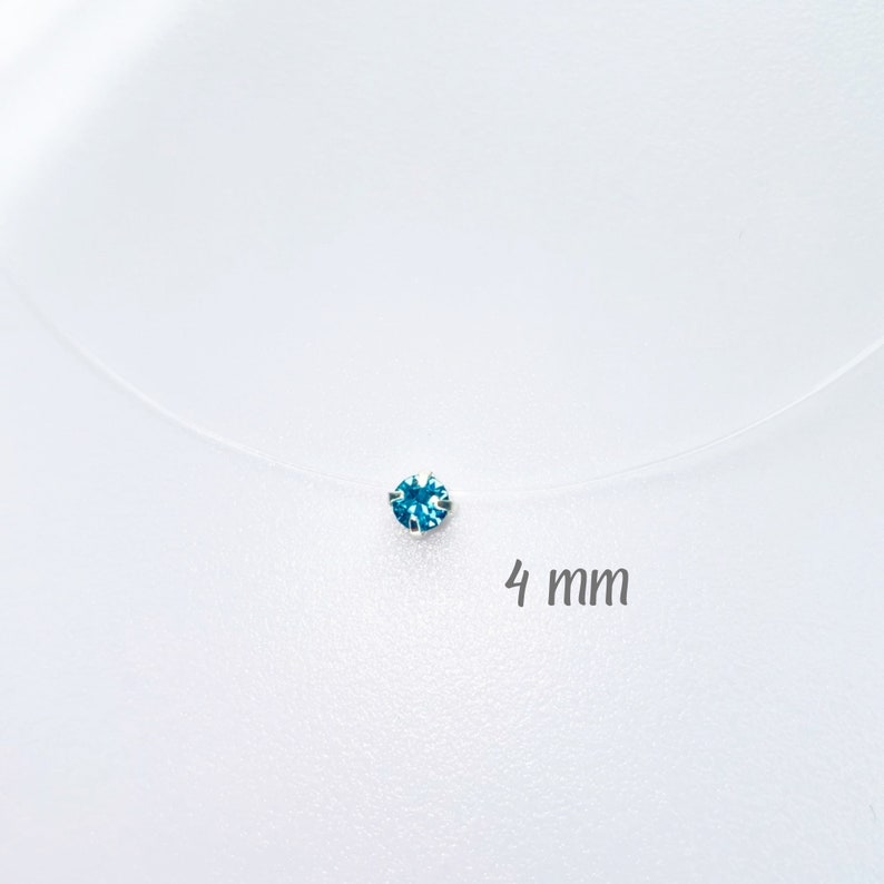 Collier invisible Mini Cristal Swarovski® Elements 4mm Solitaire Pendentif Argent 925 Fil de Nylon transparent Rose AB irisé Bleu image 3