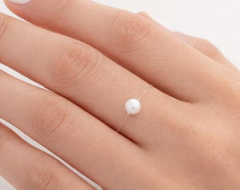 Minimalist Invisible Ring with Mini White Floating Pearl | Transparent Nylon Thread | Personalized Ring | Irregular Freshwater Pearl
