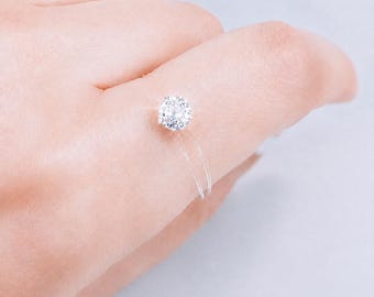 Minimalist Floating Transparent Ring | Austrian Crystal or Irregular White Pearl | Custom Size | Christmas Gift