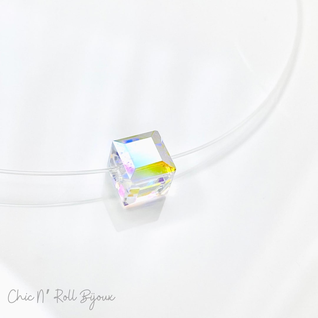 CUBE Clear Necklace in Sparkling Austrian Crystal Aurora Borealis 6 Mm ...
