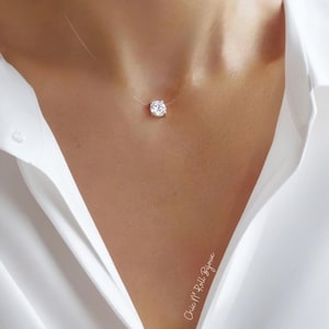 Klare Halskette | 8 mm österreichischer Kristall | Großer Solitäranhänger | 925er Silber-Finish | Gold | Unsichtbarer Nylonfaden | Hochzeit