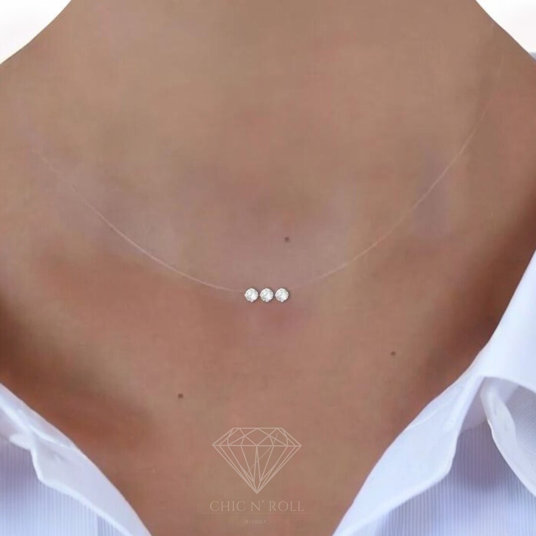 Invisible Choker Necklace | Three Austrian Crystals 4mm Solitaire ...