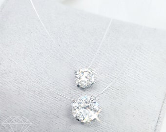 Invisible Necklace - Swarovski® Crystal - Floating Solitaire Pendant 6mm or 8mm - Transparent Nylon Thread - Silver Plated - Diamond Style