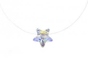 Invisible Star Necklace Austrian Crystal | Crystal 8mm Iridescent AB Pendant | Silver 925 | Gold Plated | Clear Nylon Thread