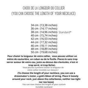 May include: A guide to choosing the length of a necklace in inches and centimeters. The text reads "Choice of the length of the necklace (You can choose the length of your necklace)".  The text also includes a standard length of 38 cm (14.96 inches).