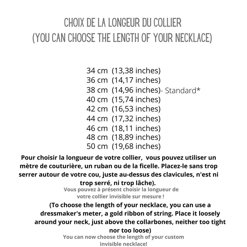 May include: A guide to choosing the length of a necklace in inches and centimeters. The text reads "Choice of the length of the necklace (You can choose the length of your necklace)".  The text also includes a standard length of 38 cm (14.96 inches).