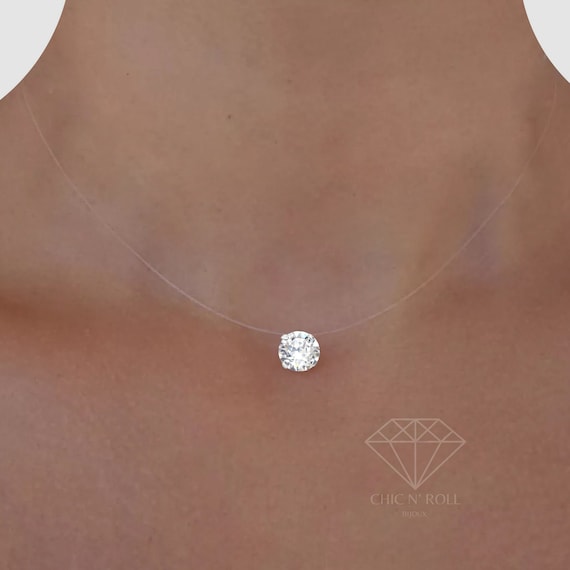 Invisible Necklace Large Swarovski® Crystal Solitaire 8mm Rhinestone Pendant  925 Silver France Transparent Nylon Thread Choker 