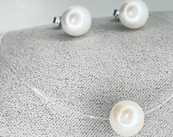 Genuine Pearl Set | 925 Silver | Transparent Necklace and Earrings | Cultured White Pearl