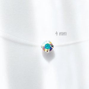 Collier invisible Mini Cristal Swarovski® Elements 4mm Solitaire Pendentif Argent 925 Fil de Nylon transparent Rose AB irisé Bleu image 4