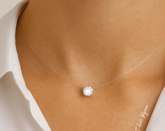 8mm Austrian Crystal Nylon Necklace - Transparent Thread Choker - Large Pendant - 925 Sterling Silver or Gold Plated Clasp - Dangling Diamond