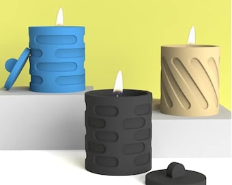 Stripe Design Concrete Candle Jar Mold with Lid Cement Storage Pot Silicone Mould DIY Candle Vessels Molds  Resin Epoxy Casting Jar Mould