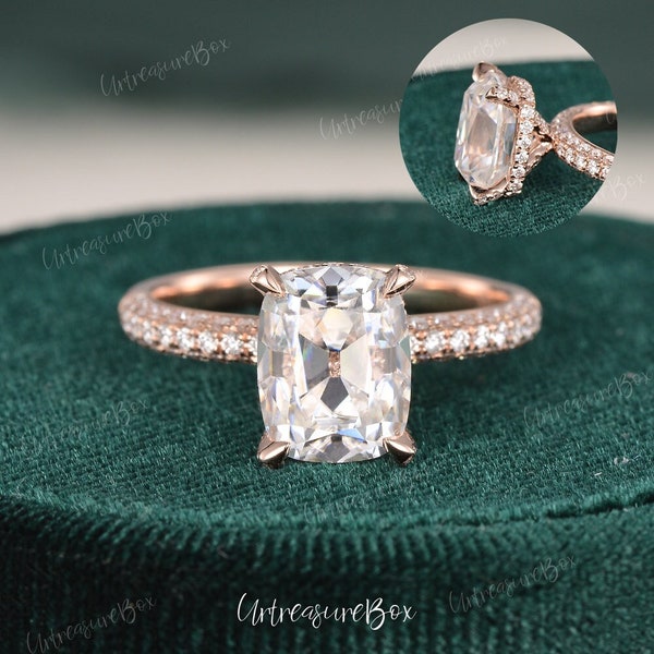 Old Mine Cut Moissanite Anillo de compromiso Oculto Halo Cushion Cut Moissanite Ring Three Sided Band Rose Gold Women Wedding Unique Promise Ring