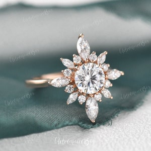 Vintage Moissanite Engagement Ring Rose Gold Moissanite Ring Flower Ring Starlight Ring Brilliant Ring Peekaboo Ring Art Deco Ring Promise