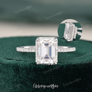 Double Hidden Halo 2.5ct Moissanite Engagement Ring Emerald Cut Moissanite Wedding Ring White Gold Vintage Promise Ring Unique Eternity Ring