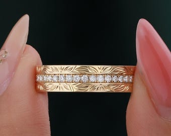 5mm Vintage Moissanite Eternity Engraved Wedding Band Unique Yellow Gold Hand Carved Flower Diamond Ring Dainty His And Her Anniversary Gift