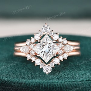 Vintage Princess Cut Moissanite Engagement Ring Set 14K Rose Gold Unique Engagement Ring Art Deco Marquise Cut Moissanite Ring Set Women