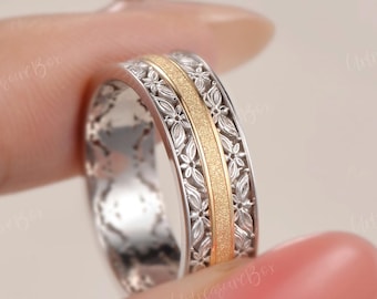 6mm Vintage Flower Engraved Wedding Band Openwork Two Tone Solid Gold Ring Unique Victorian Hand Carved Eternity Unisex Anniversary Gift