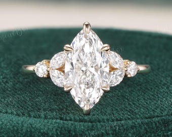 Minimalist Marquise Lab Grown Diamond Engagement Ring Yellow Gold Cluster IGI Diamond Ring Unique Split Women Wedding Bridal Promise Ring