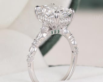 3CT Radiant Cut Lab Grown Diamond Engagement Ring Vintage Engraved White Gold Unique Flower Setting Birthstone IGI Diamond Victorian Ring