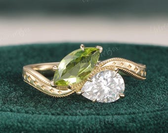 Toi Et Moi Moissanite Engraved Engagement Ring Unique Wave Peridot Two Stone Polaris Ring Custom Women Birthstone Promise Anniversary Gift