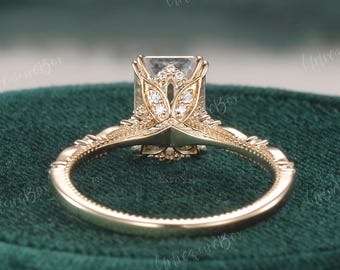 Unique Hidden Halo Emerald Cut Moissanite Engagement Ring Yellow Gold Elongated Wedding Ring Engraved Solitaire Ring Promise Ring