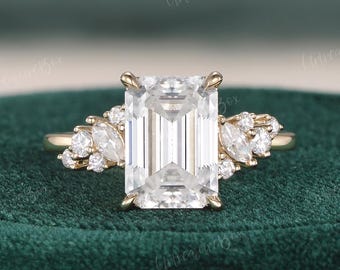 Dainty Emerald Cut Moissanite Engagement Ring Irregular Cluster Yellow Gold Ring Unique Women Wedding Art Deco Ring Custom Anniversary Gift