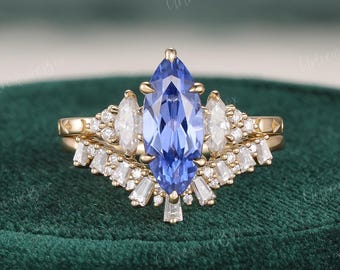 Unique Marquise Cornflower Sapphire Engagement Ring Set Moissanite Cluster Engraved Star Tulip Setting Art Deco Women Bride Wedding Rings