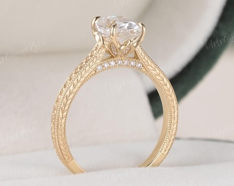 Vintage Oval Moissanite Engagement Ring Engraved Tulip Flower Setting Wedding Ring Hand Carved Victorian Unique Promise Ring For Women Gift