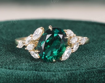 Unique Oval Cut Emerald Engagement Ring Moissanite Irregular Cluster Solid Gold Ring Art Deco Morden Colorful Wedding Ring Custom Women Gift