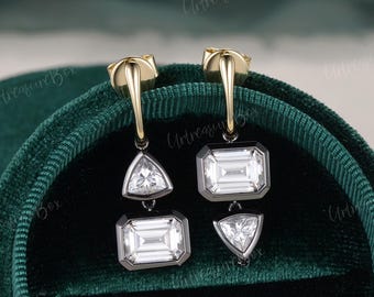 Unique Convertible 2-In-1 Emerald Cut Moissanite Earrings Black Gold Two Tone Art Deco Minimalist Two Stone Women Moden Anniversary Earrings