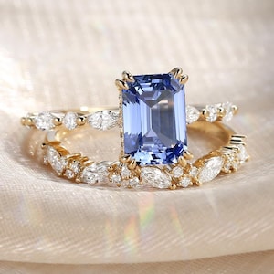 Emerald Cut Cornflower Blue Sapphire engagement Ring Set Unique Hidden Halo Vintage Yellow Gold Saphire Ring Wedding Ring Set Prmose Ring