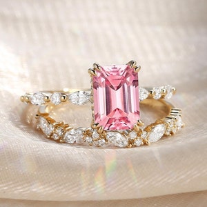 Anello di fidanzamento con zaffiro rosa 2CT, taglio smeraldo, oro massiccio, anello nuziale rosa unico, anello di promessa rosa, anello a grappolo, set di diamanti, donna, Art Deco