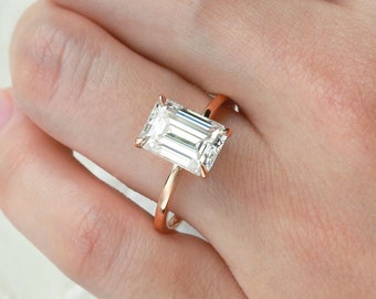 Solitaire Emerald Cut Moissanite Engagement Ring Hidden Halo Carat Choice 14K Solid Gold Ring Plain Band Mini Moissanite Ring Women Promise