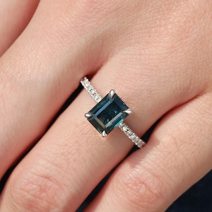 Teal Sapphire Engagement Ring Hidden Halo Emerald Cut Vintage Green Sapphire Ring White Gold Ring Women Half Eternity Promise Ring