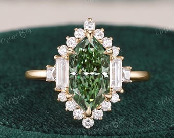 Dutch Marquise Green Lab Grown Diamond Engagement Ring Unique Halo Cluster 2ct Diamond Gorgeous Wedding Hexagon Ring Bride Promise Gift