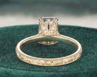 Vintage Moissanite Hidden Halo Engagement Ring Yellow Gold Engraved Leaf Flower Victorian Emerald Cut Solitaire Women Wedding Promise Ring