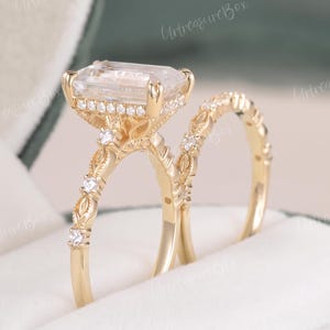 Emerald Cut Moissanite Engagement Ring Set Vine Leaf Engraved Hidden Halo Wedding Ring Set Pekaboo Solid Gold Vintage Stacking Bridal Set