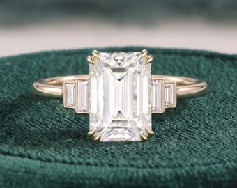 Minimalist Emerald Cut Moissanite Engagement Ring Geometric 14k Yellow Gold Bezel Ring Unique Women Dainty Wedding Ring Custom Bridal Gift