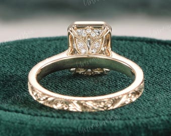 Vintage Bezel Emerald Moissanite Engagement Ring Flower Tulip Setting Hand Carved Yellow Gold Unique Victorian Engraved Wedding Bridal Ring