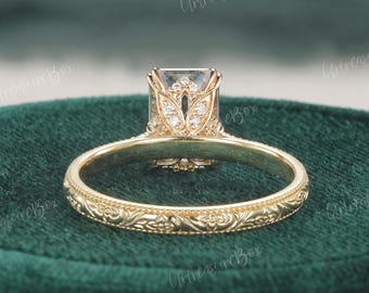 Vintage Elongated Emerald Moissanite Floral Engraved Engagement Ring Victorian Flower Setting Yellow Gold Hand Carved Women Wedding Ring