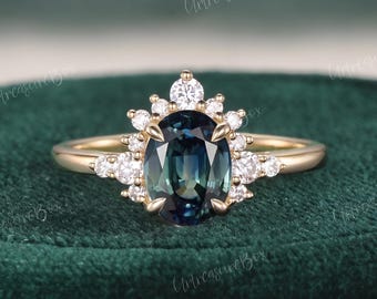 Nature Teal Sapphire Engagement Ring Moissanite Cluster Wedding Ring Unique Half Halo Art Deco Bridal Diamond Vintage Women Anniversary Ring