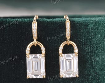 Unique Emerald Cut Moissanite Love Lock Earring 14k Yellow Gold Morden Art Deco Earrings Dainty Women Anniversary Wedding Handmade Gift