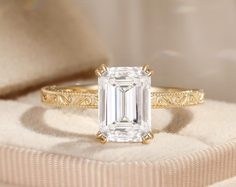 Grawerowany pierścionek zaręczynowy z moissanitem o szlifie szmaragdowym o masie 2,5 ct, z żółtego złota, wiktoriańska obrączka ślubna, ukryty pierścień obietnicy z aureolą, vintage'owy pierścionek w stylu art déco