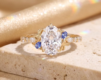 Elongated Oval Cut Moissanite Cluster Engagement Ring Pear Cornflower Sapphire Diamond Band Ring Unique Yellow Gold Six Prongs Wedding Ring