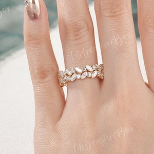Unique Marquise Wedding Band Women Yellow gold Cluster Moissanite Wedding band Natural Leaf Stacking Ring Anniversary Gift For Her Eternity
