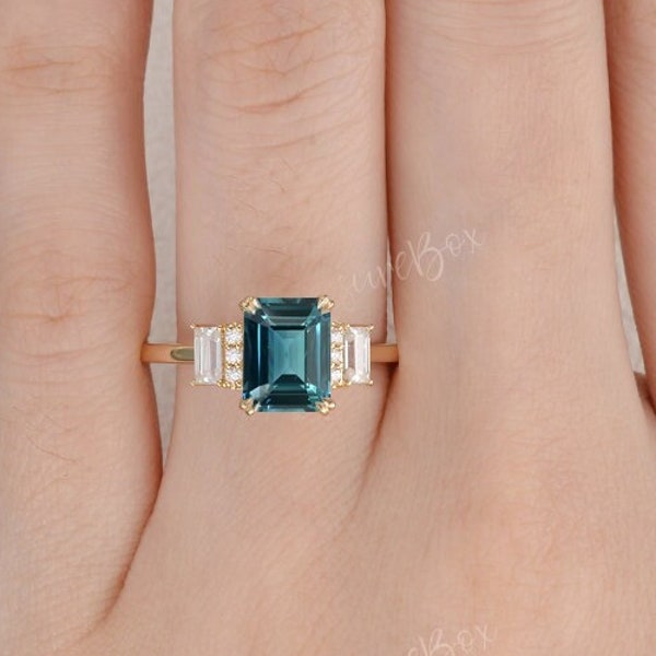 Green Sapphire Engagement Ring Emerald Cut Unique Teal Sapphire Wedding Ring Blue Green Peacock Ring Vintage Promise Ring Anniversary Gift