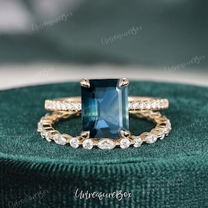 Natural Teal Sapphire Engagement Ring Set Yellow Gold Peacock Sapphire Ring Emerald Cut Sapphire Ring Green Blue Sapphire Bridal Set Women