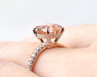 Round Morganite Engagement Ring Rose Gold Morganite Wedding Ring Women Hidden Halo Half Eternity Solitaire Ring Art Deco Claw Prongs Promise